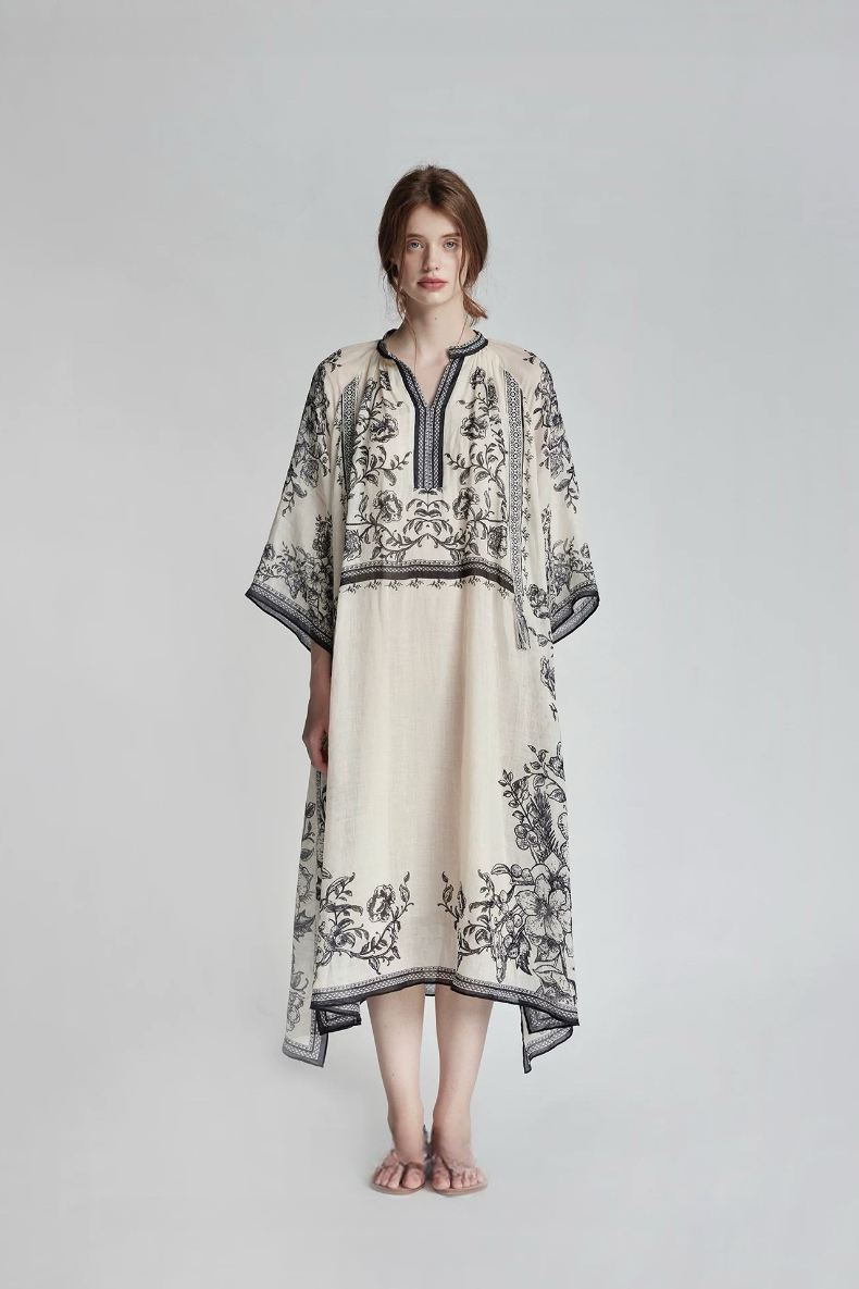 Mughal Empire Series 100-Count Pure Ramie Dress with Positioned Printing