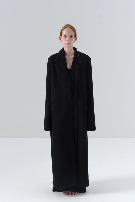 Black Wool Coat with Asymmetric Wide Lapel