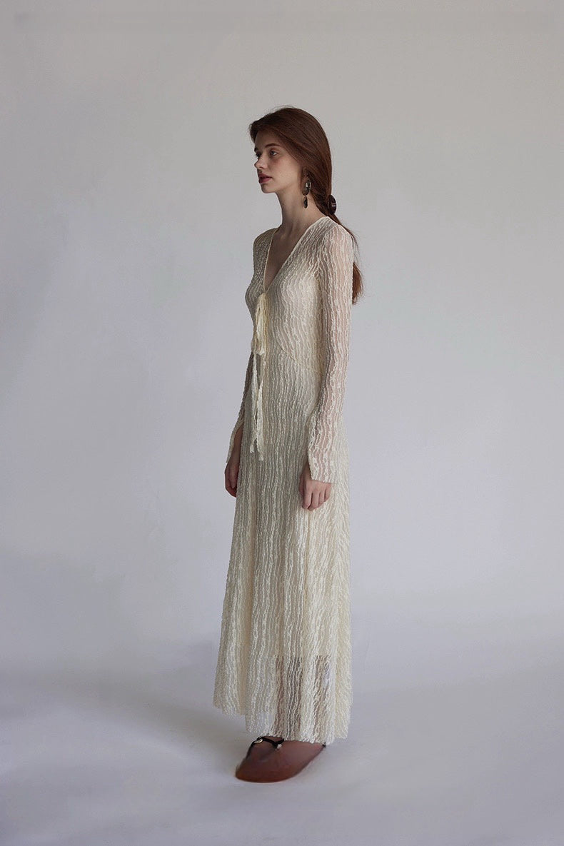 Trumpet Sleeve Knitted Lace Sheer Tie Dress