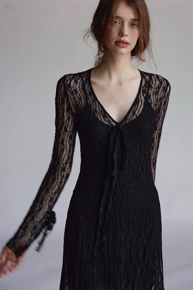 Trumpet Sleeve Knitted Lace Sheer Tie Dress
