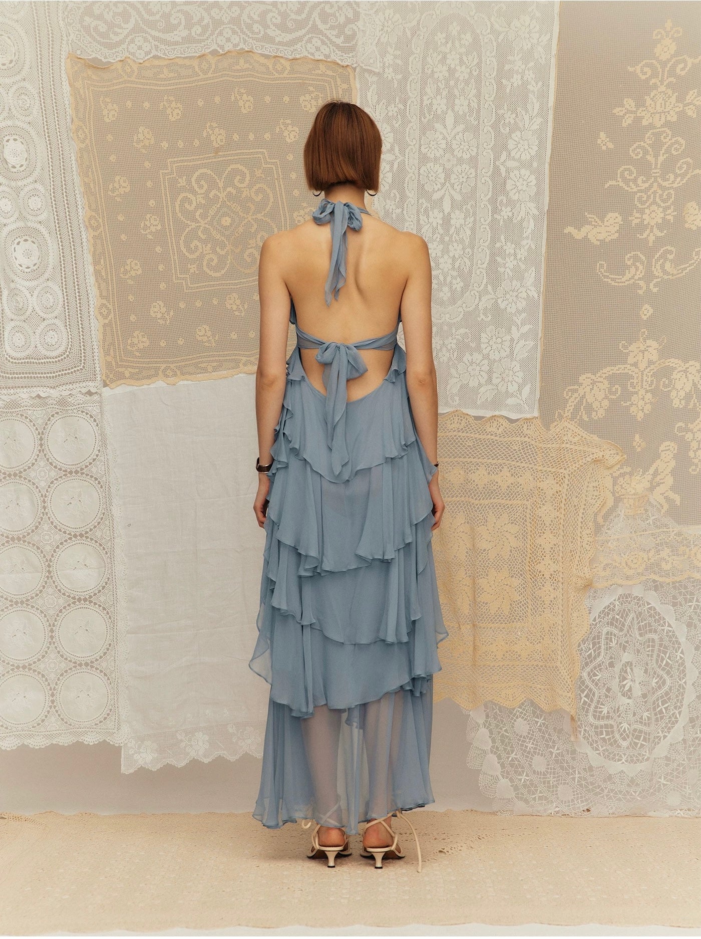 Seaside Vacation Crepe de Chine Ruffled Tiered Dress