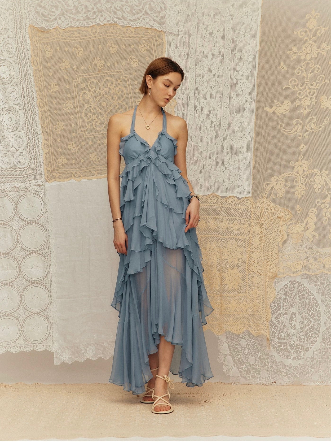 Seaside Vacation Crepe de Chine Ruffled Tiered Dress