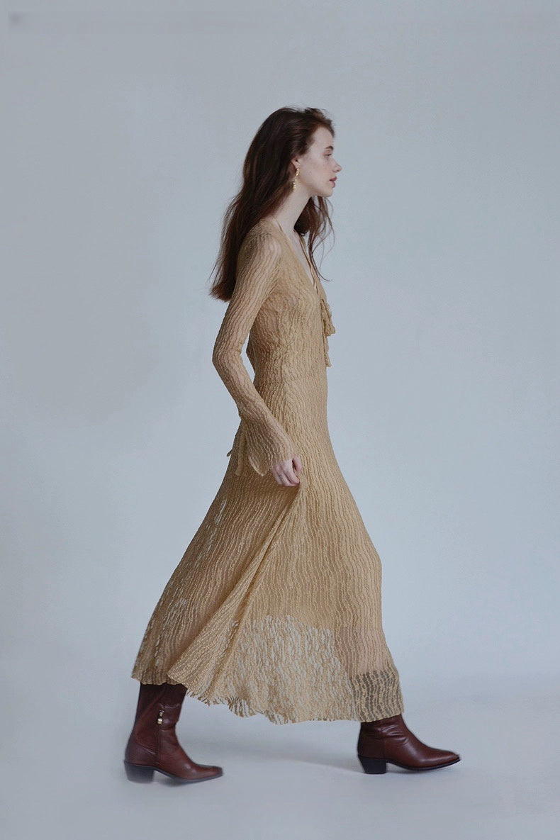Trumpet Sleeve Knitted Lace Sheer Tie Dress