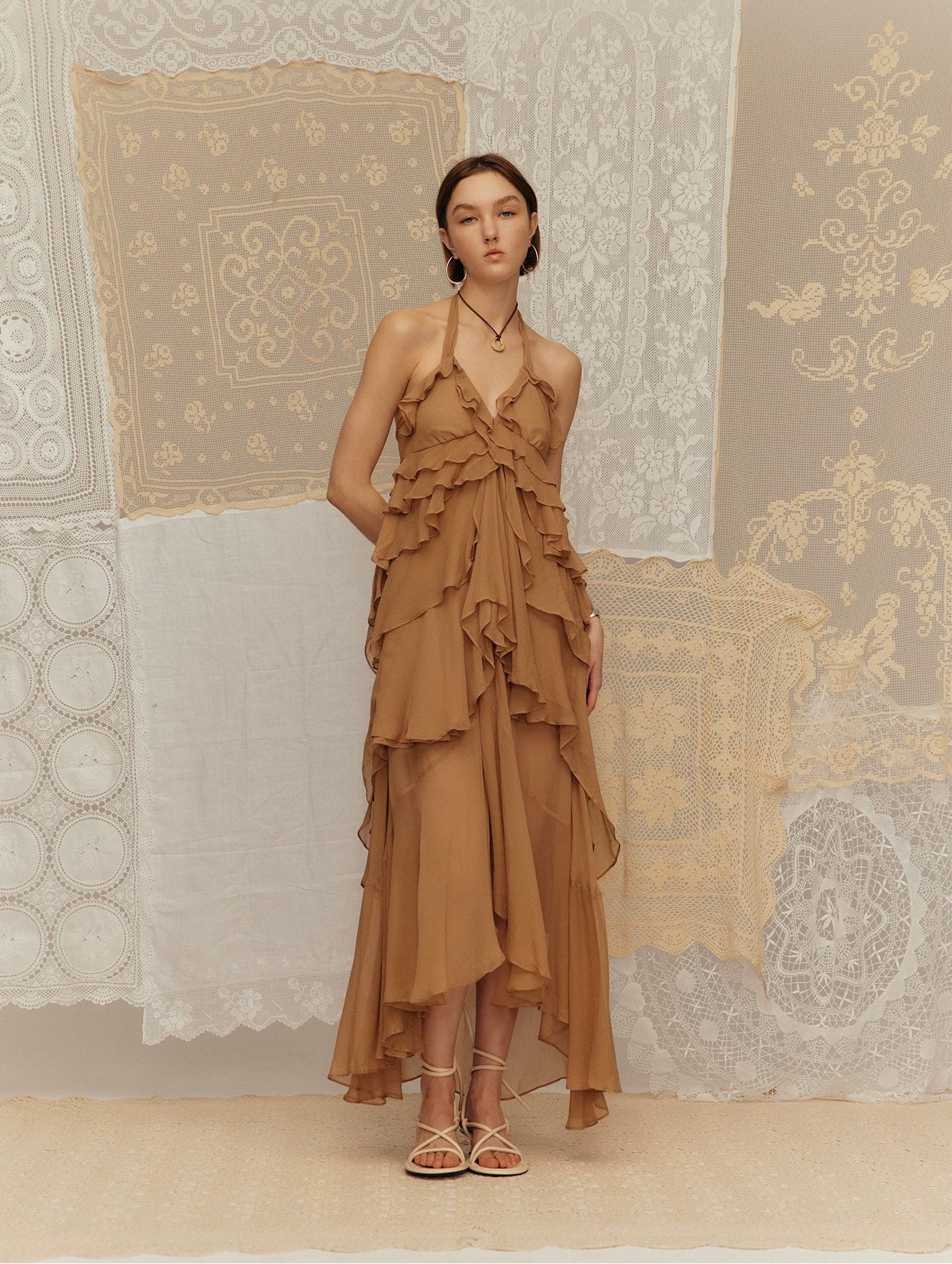 Seaside Vacation Crepe de Chine Ruffled Tiered Dress