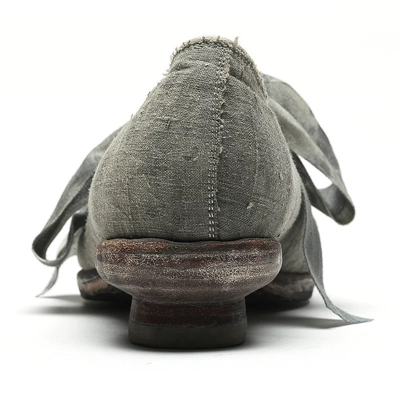 Handmade Leather Shoes with Hand-Knotted Textured Ribbons (Dyed with Natural Plants, Made of Homespun Fabric)