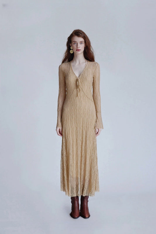 Trumpet Sleeve Knitted Lace Sheer Tie Dress