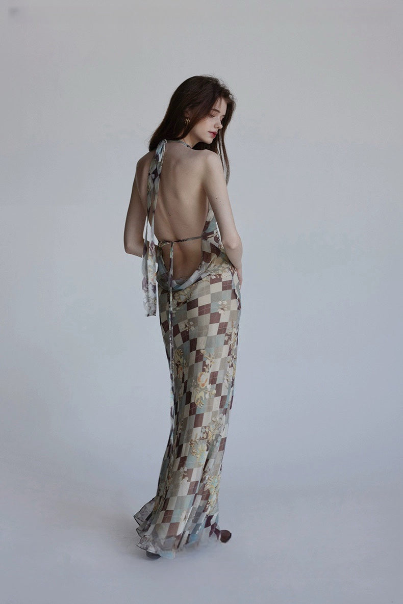 Pear Blossom Checkered Silk Bias-Cut Deep V-Back Resort Dress Set