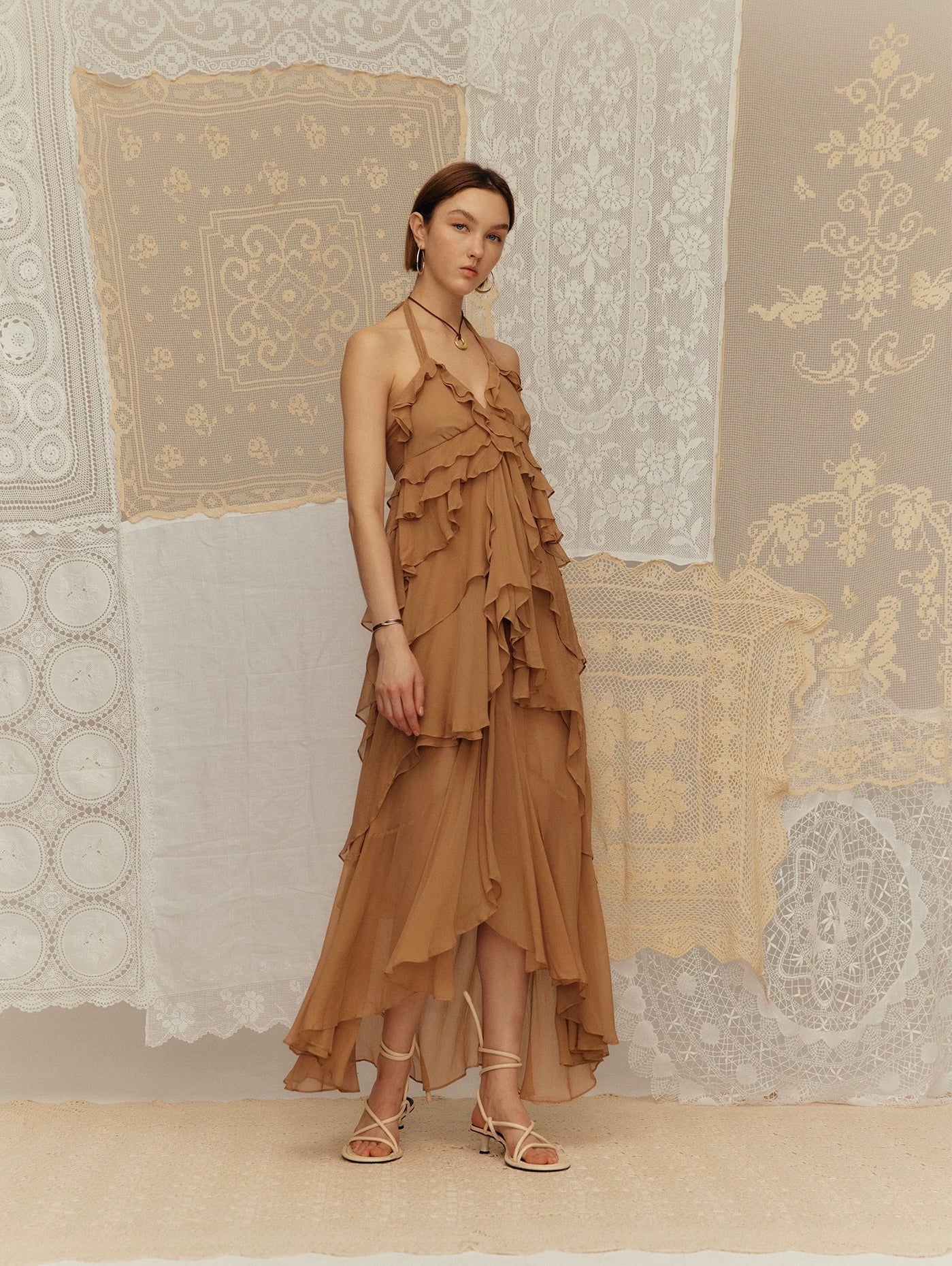 Seaside Vacation Crepe de Chine Ruffled Tiered Dress