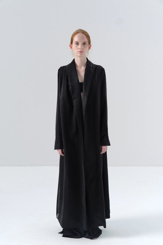 Black Long Coat with Exposed Stitches in Cupro