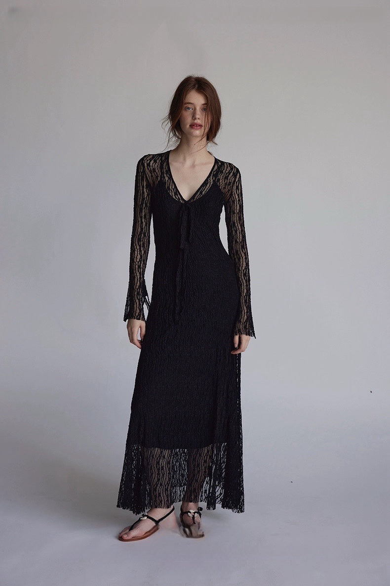 Trumpet Sleeve Knitted Lace Sheer Tie Dress