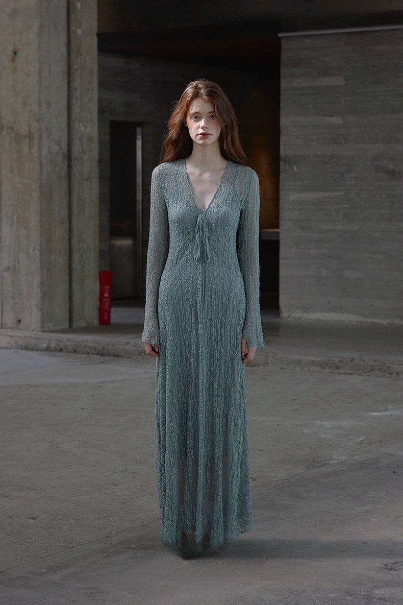 Trumpet Sleeve Knitted Lace Sheer Tie Dress