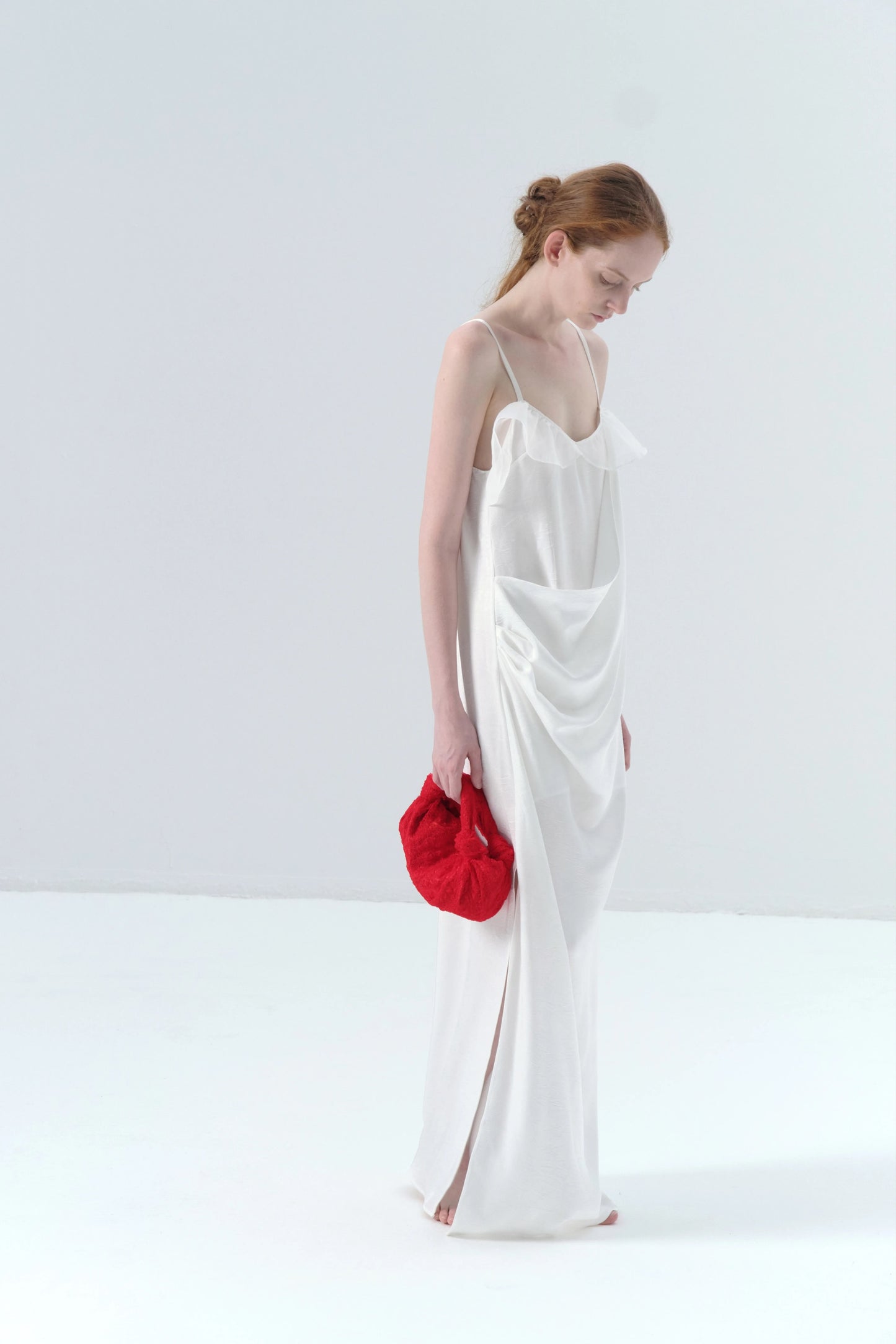 Asymmetric Draped White Camisole Dress