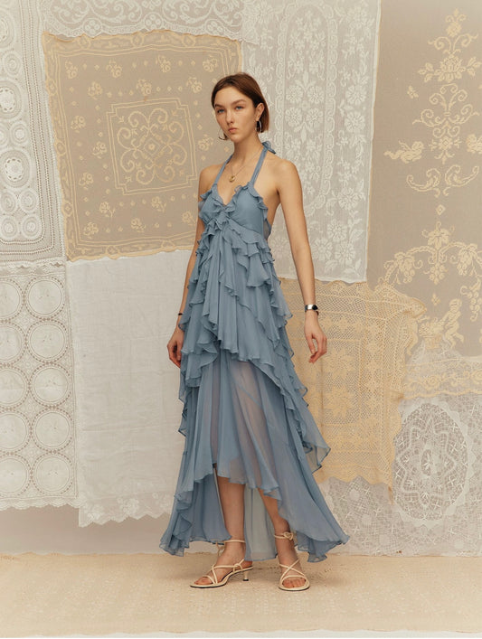 Seaside Vacation Crepe de Chine Ruffled Tiered Dress