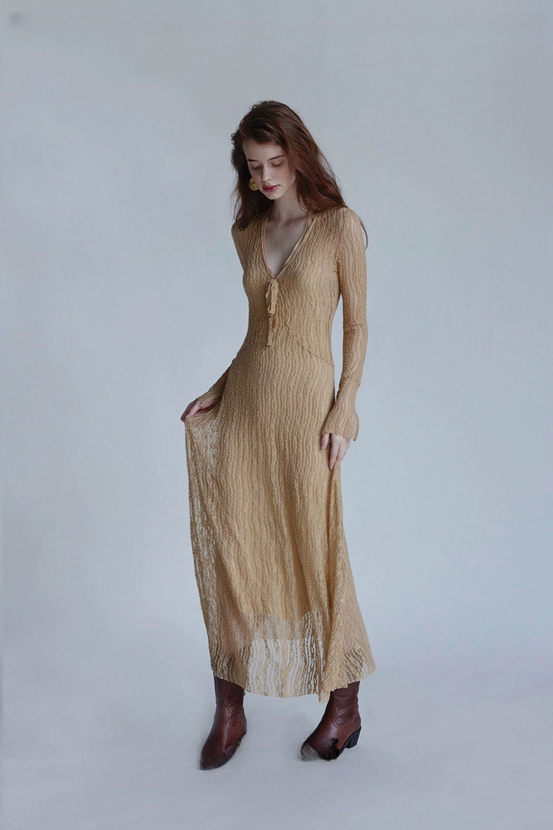 Trumpet Sleeve Knitted Lace Sheer Tie Dress