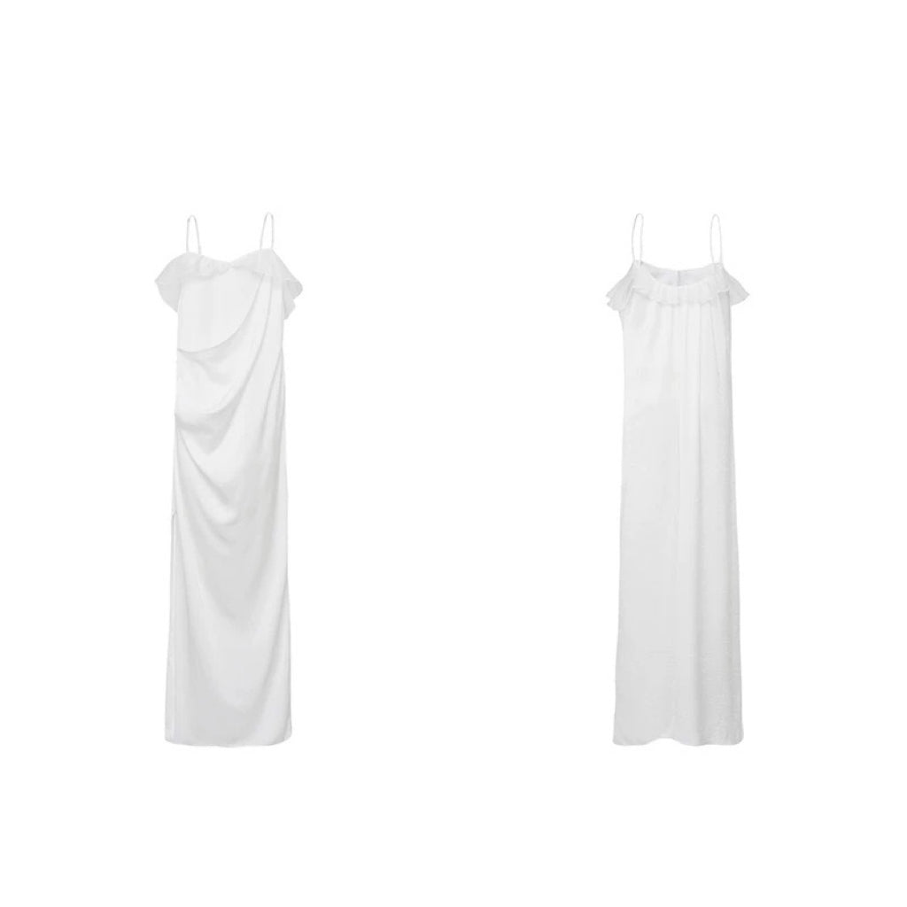 Asymmetric Draped White Camisole Dress