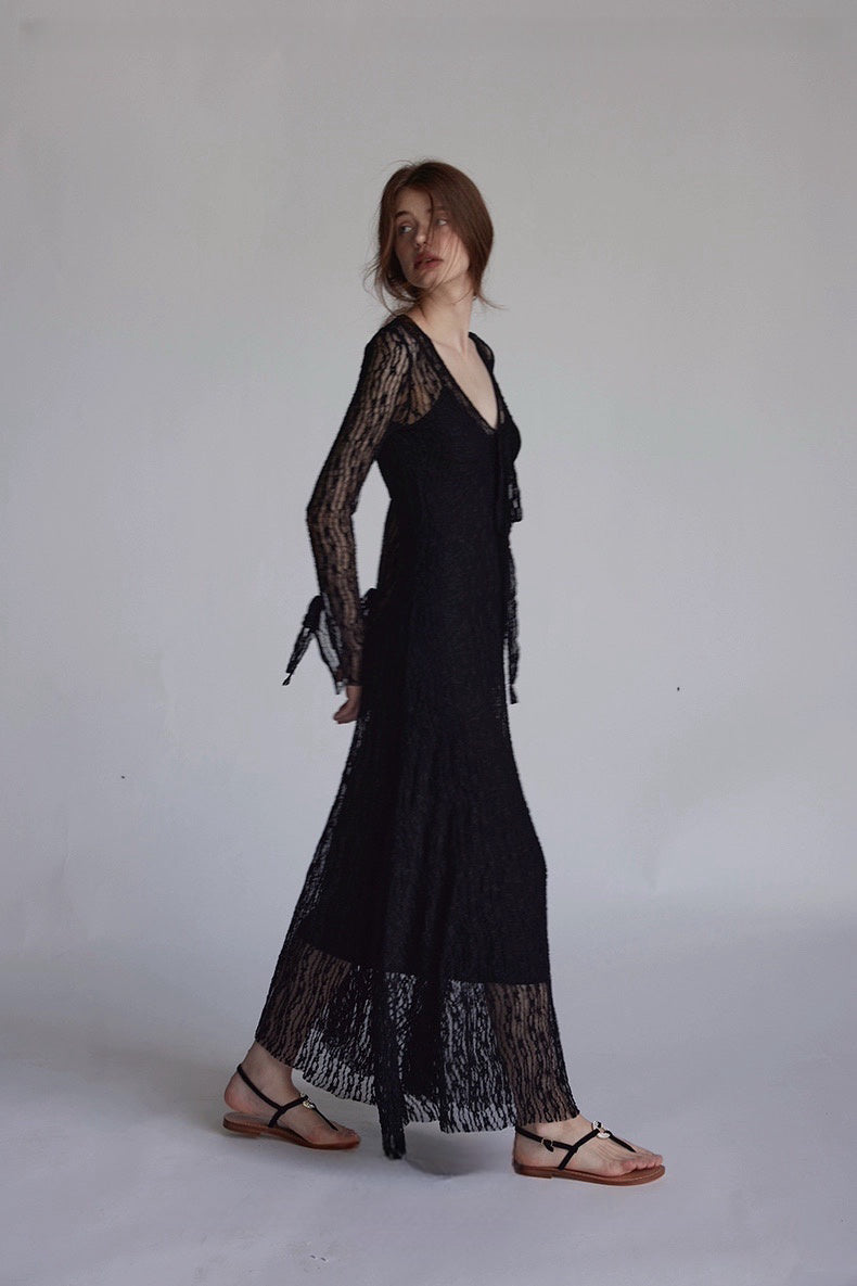 Trumpet Sleeve Knitted Lace Sheer Tie Dress