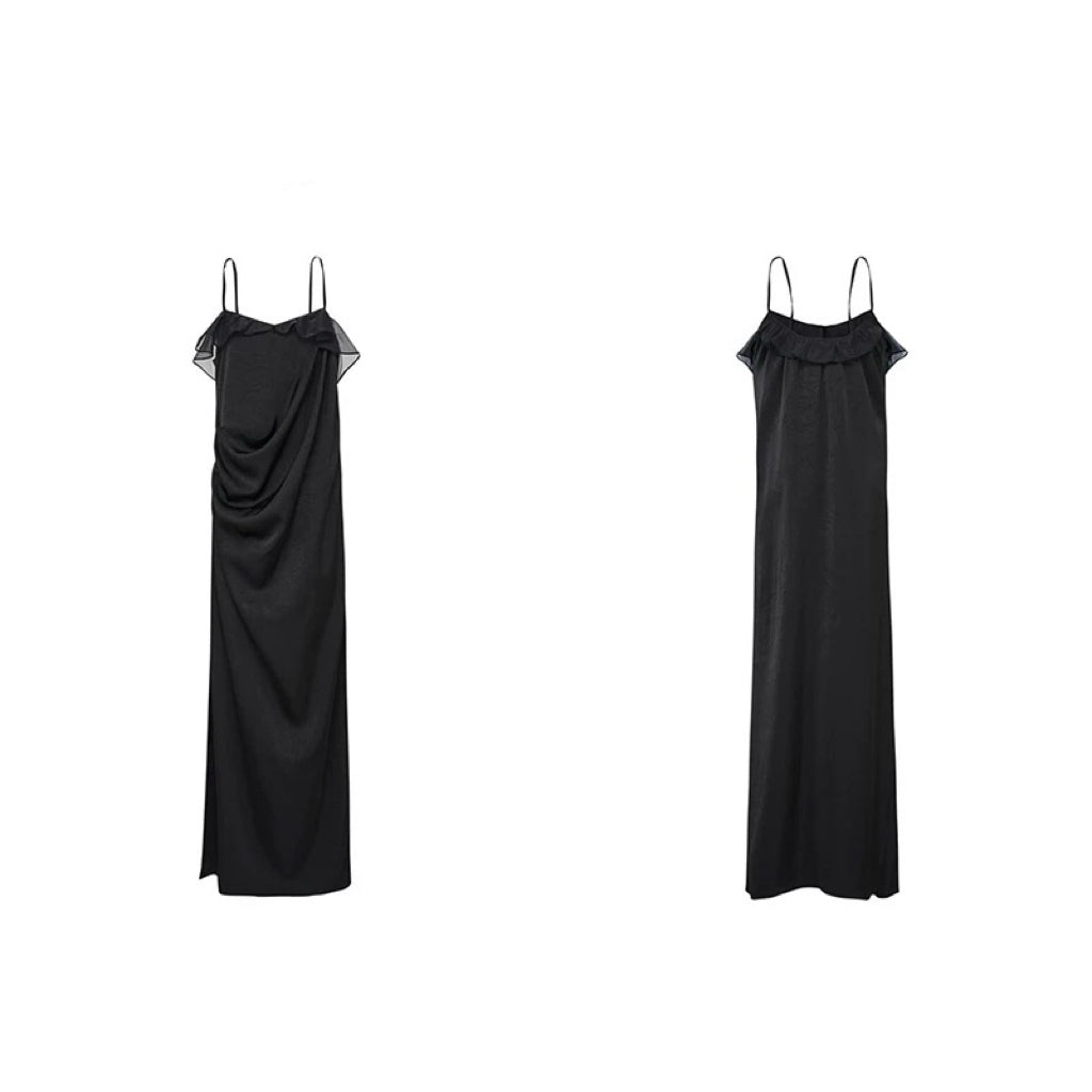 Asymmetric Draped Black Camisole Dress
