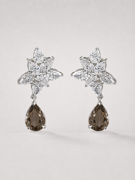 Floral Pave Smoky Quartz Drop Earrings S925 Sterling Silver