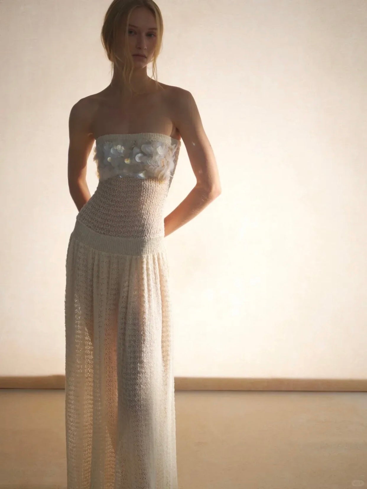 Indian Handmade High-Customization Sheer Sequin Pearl Hollow-Out Ruched Knitted Crop Top Dress