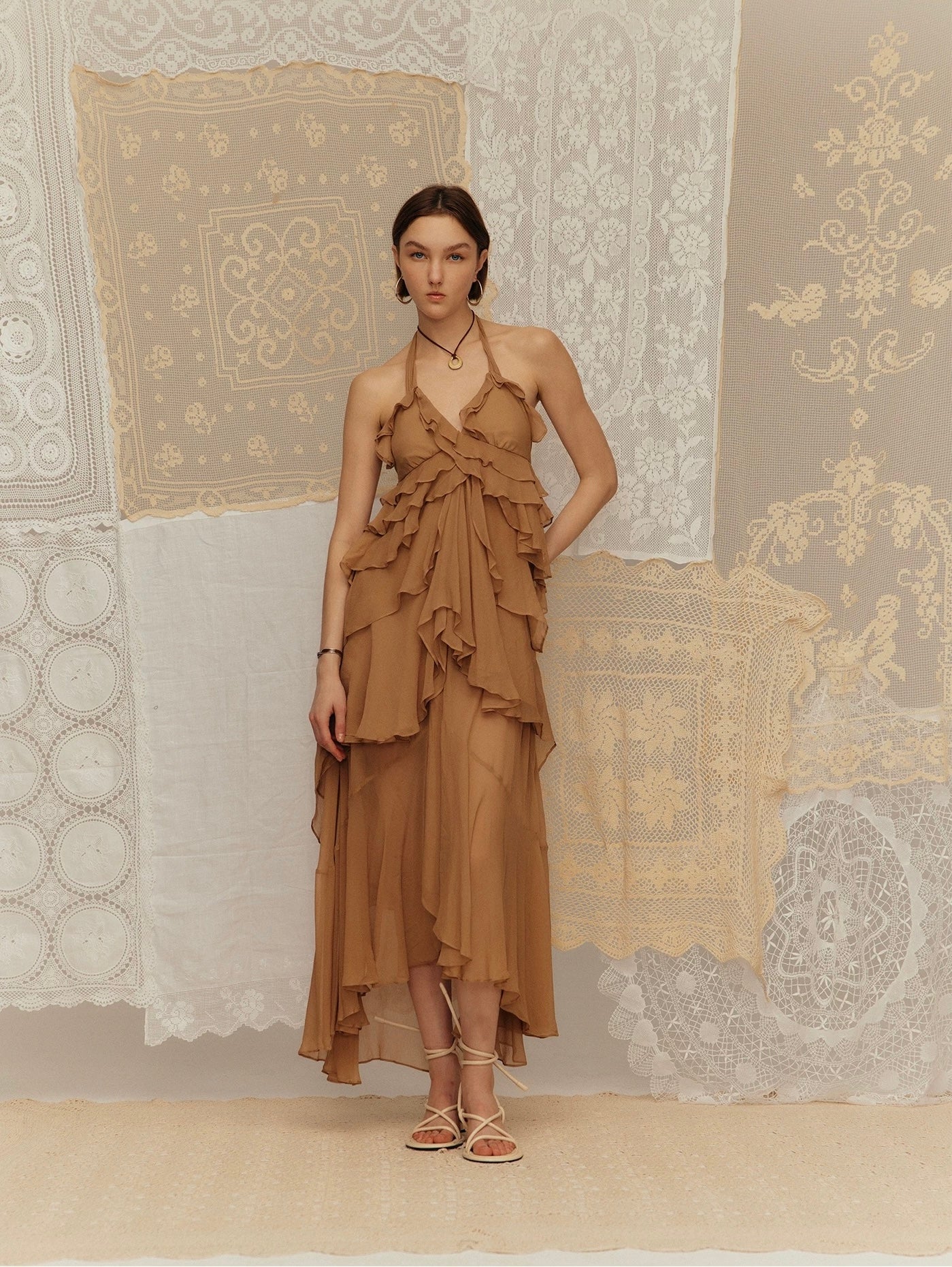 Seaside Vacation Crepe de Chine Ruffled Tiered Dress