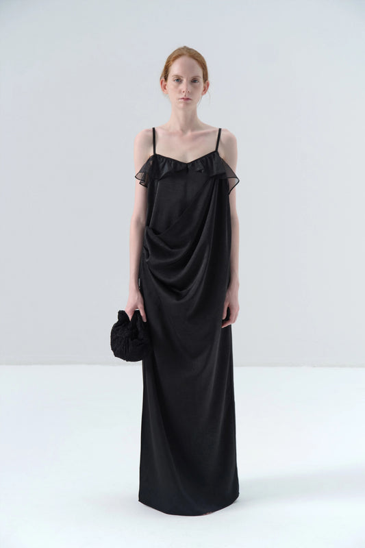 Asymmetric Draped Black Camisole Dress