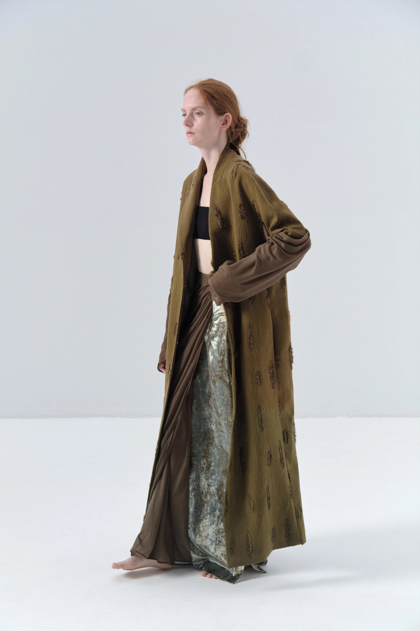 Spliced Sleeve Asymmetric Texture Long Coat