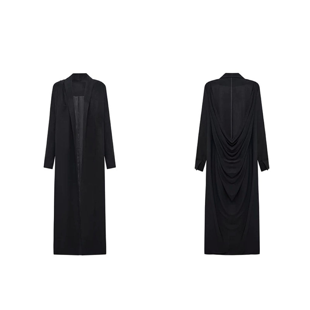 Black Long Coat with Exposed Stitches in Cupro