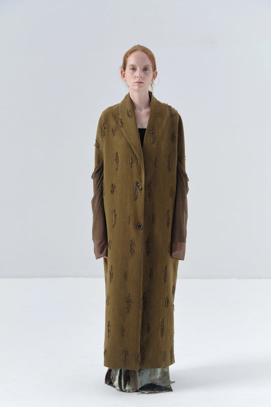 Spliced Sleeve Asymmetric Texture Long Coat