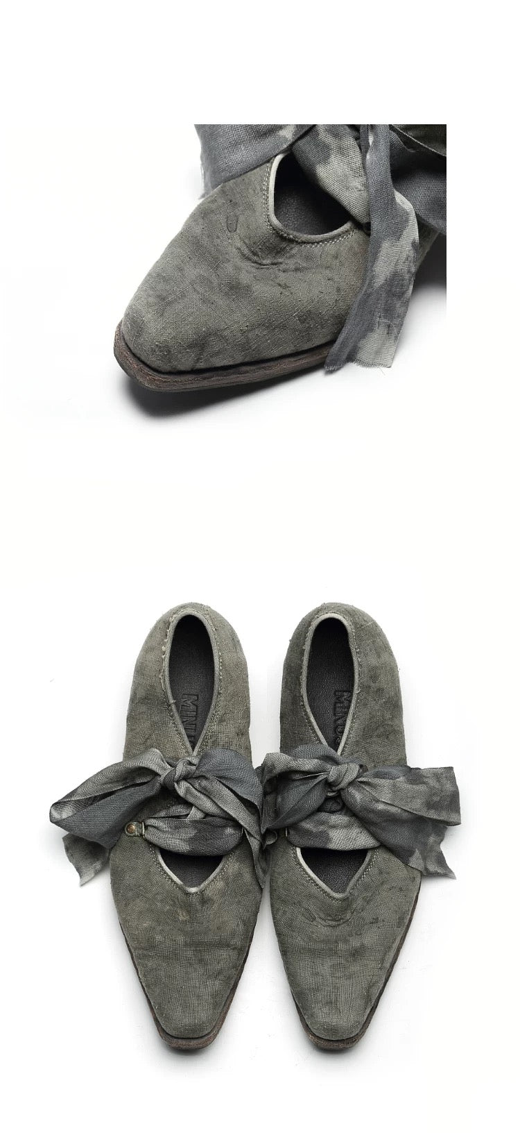 Handmade Leather Shoes with Hand-Knotted Textured Ribbons (Dyed with Natural Plants, Made of Homespun Fabric)