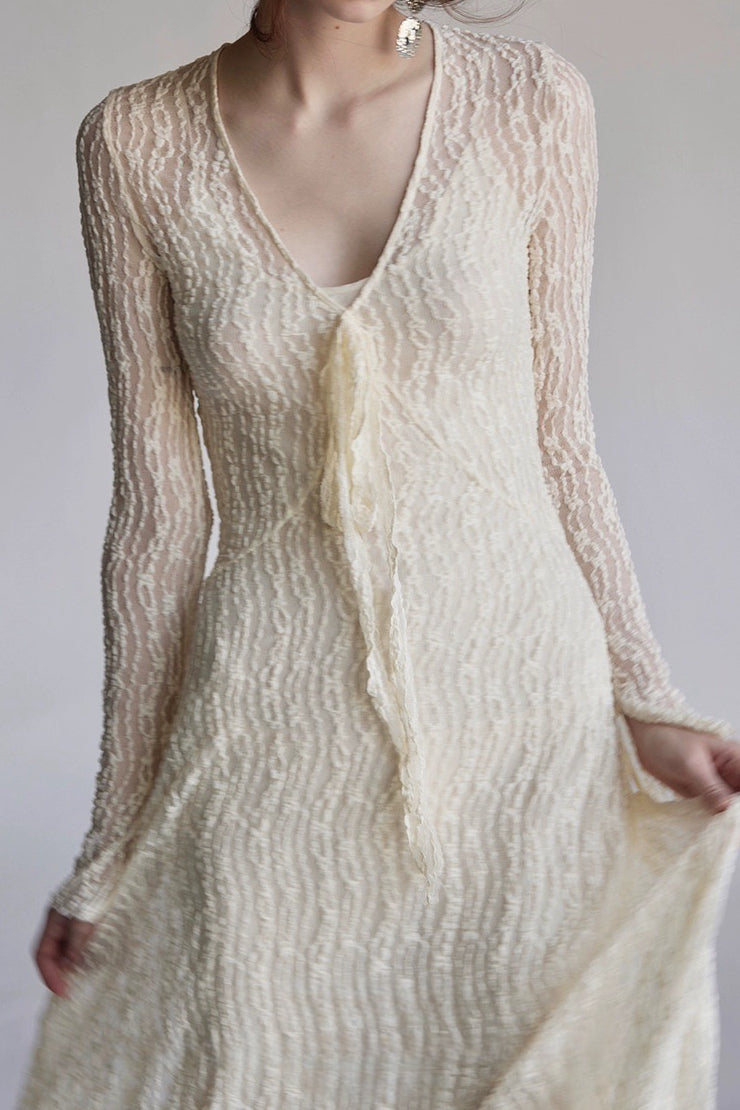 Trumpet Sleeve Knitted Lace Sheer Tie Dress