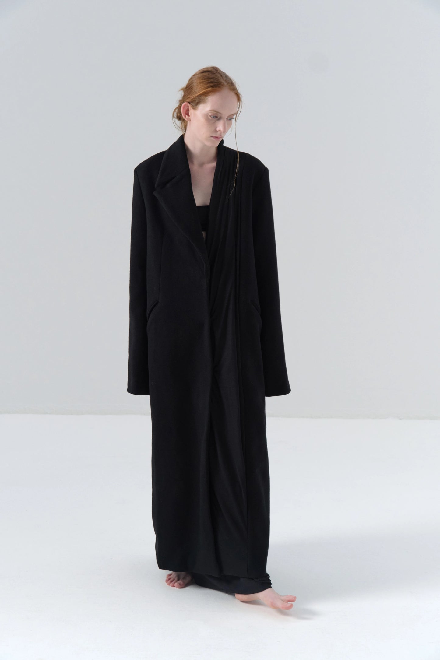 Black Wool Coat with Asymmetric Wide Lapel