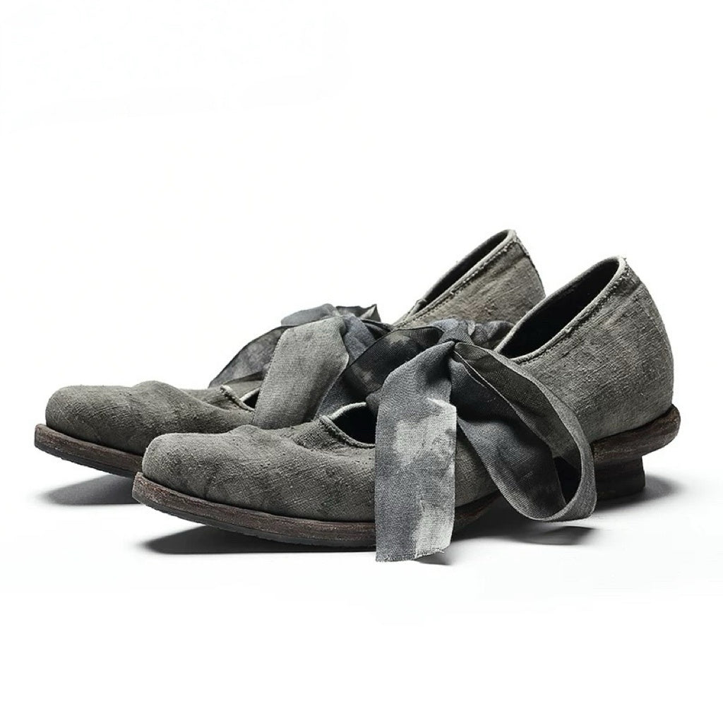 Handmade Leather Shoes with Hand-Knotted Textured Ribbons (Dyed with Natural Plants, Made of Homespun Fabric)