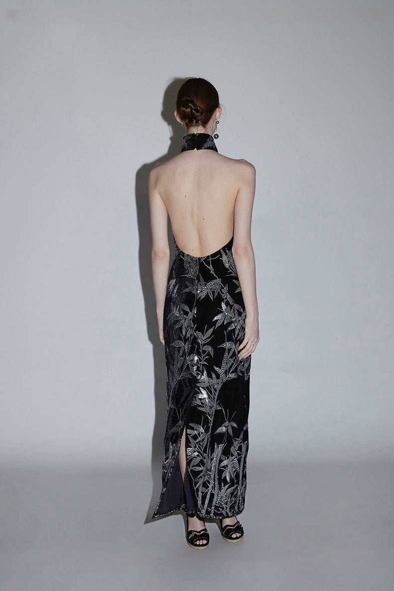 New Chinese Style Backless Qipao Gown with Positioned Bamboo Leaf Beading and Embroidery