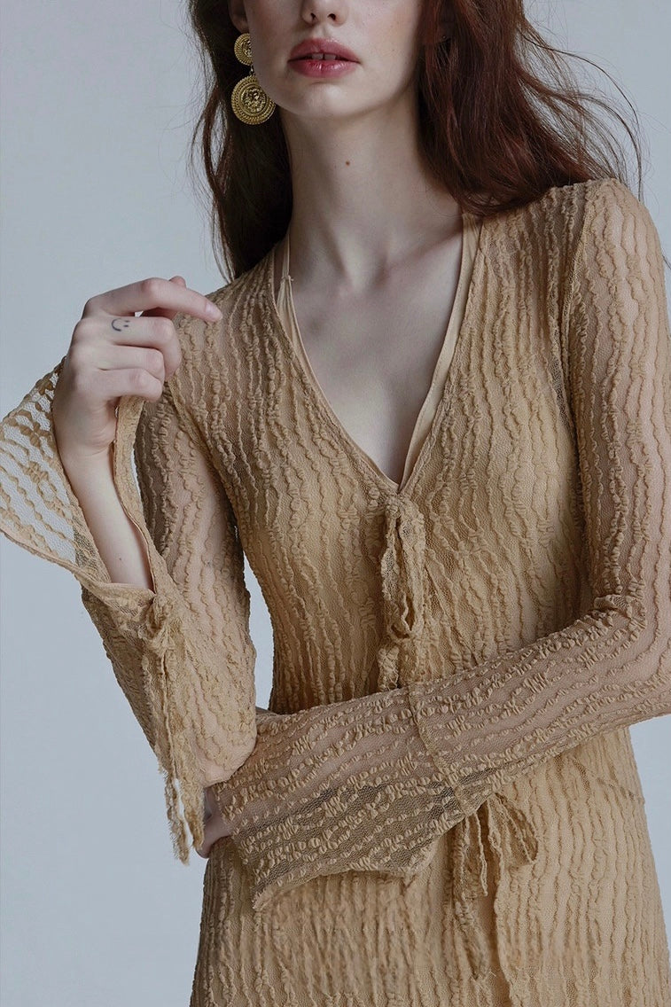 Trumpet Sleeve Knitted Lace Sheer Tie Dress