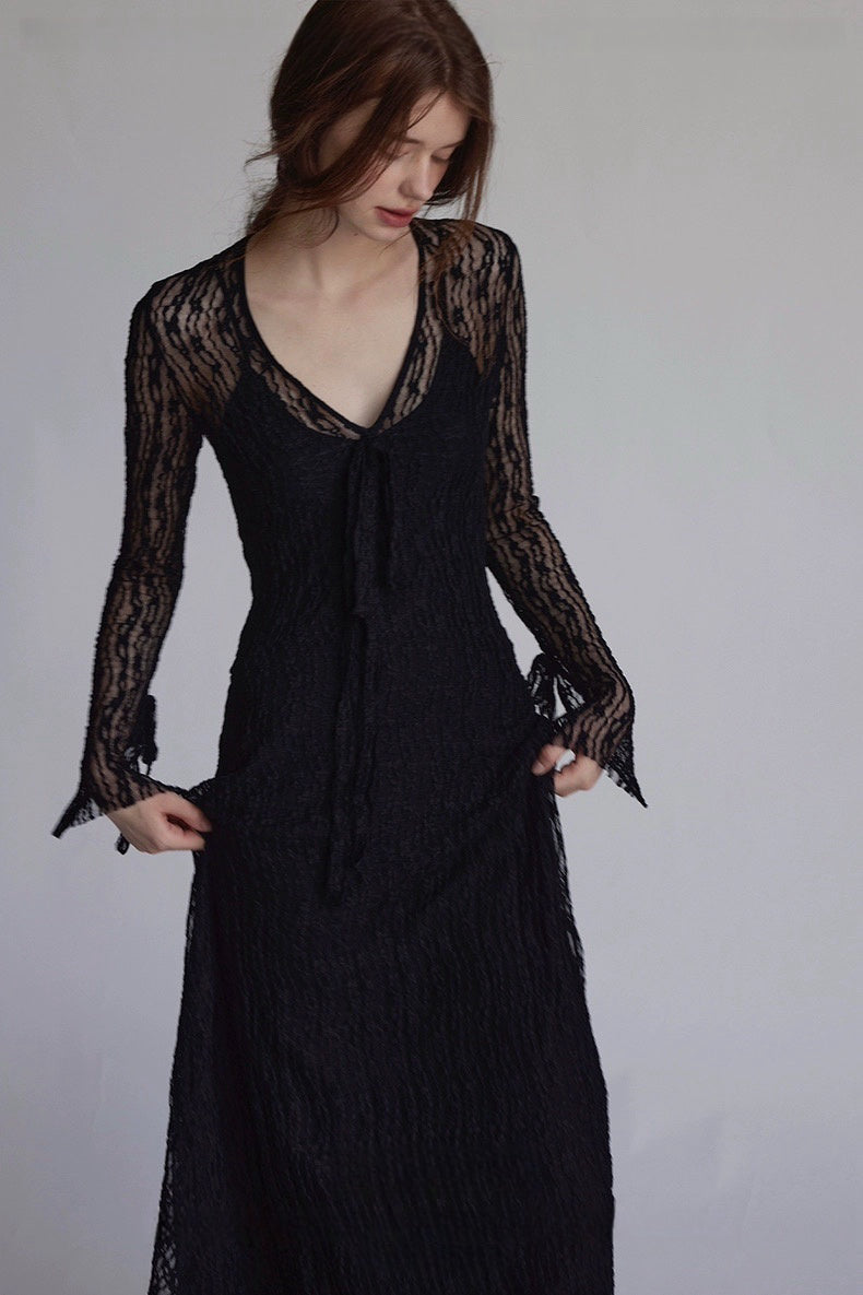Trumpet Sleeve Knitted Lace Sheer Tie Dress