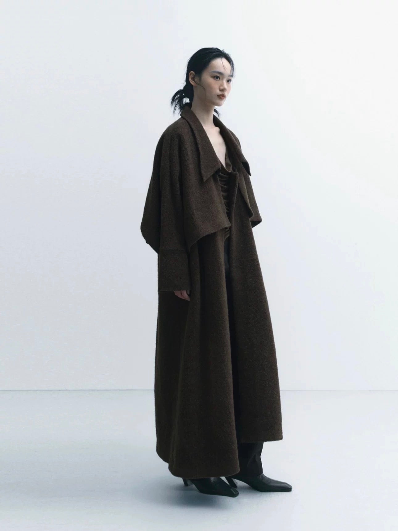Cape-Style Lapel Drop-Shoulder Trench Coat