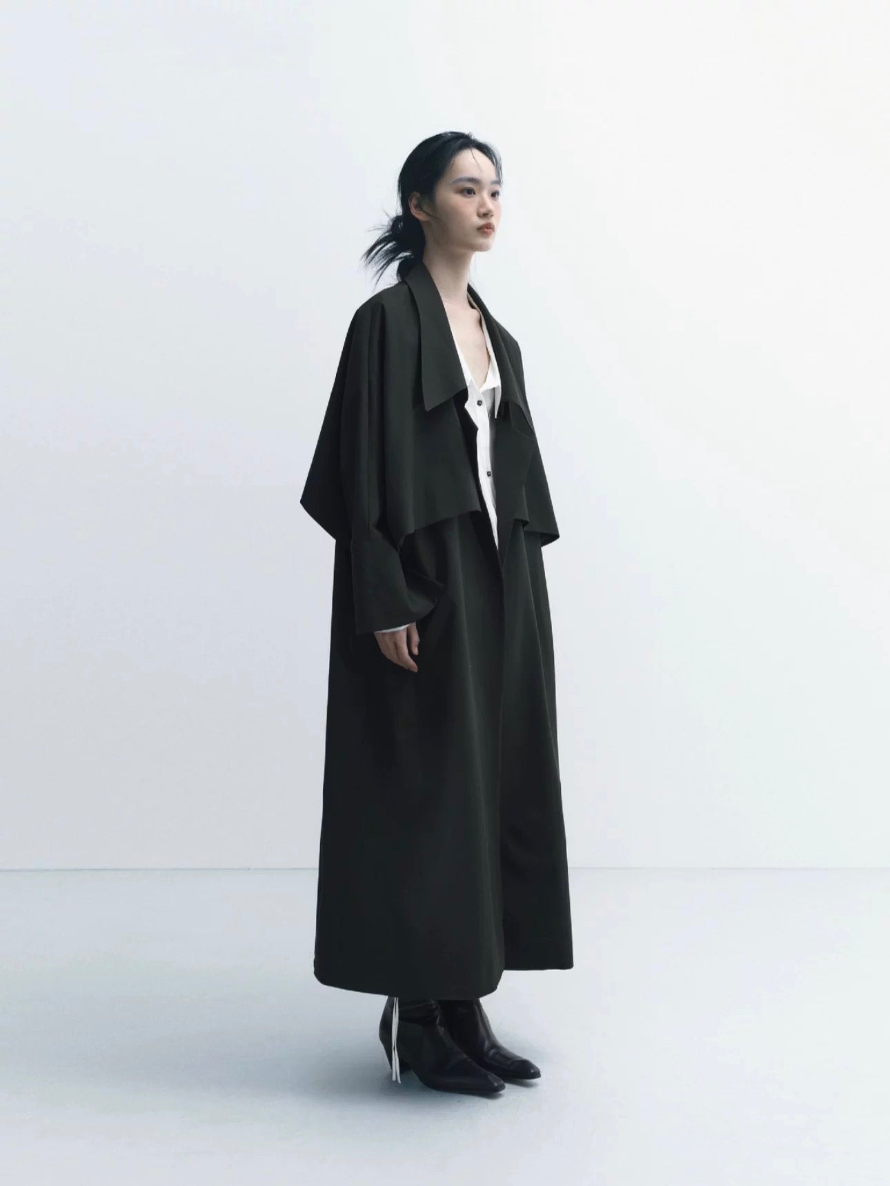 Cape-Style Lapel Drop-Shoulder Trench Coat