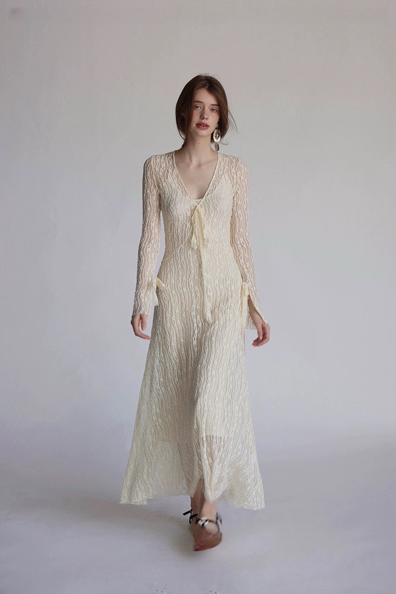 Trumpet Sleeve Knitted Lace Sheer Tie Dress