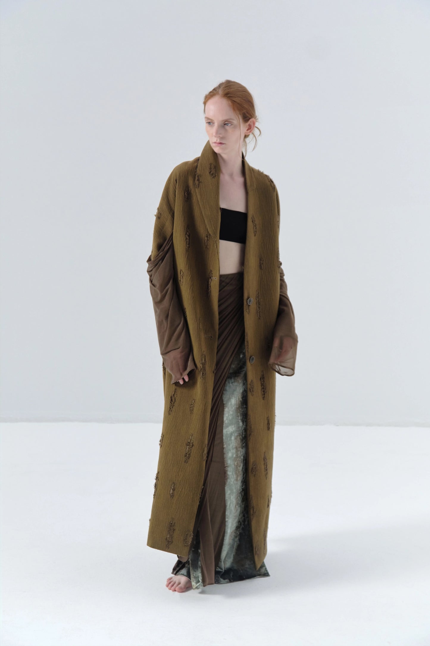 Spliced Sleeve Asymmetric Texture Long Coat
