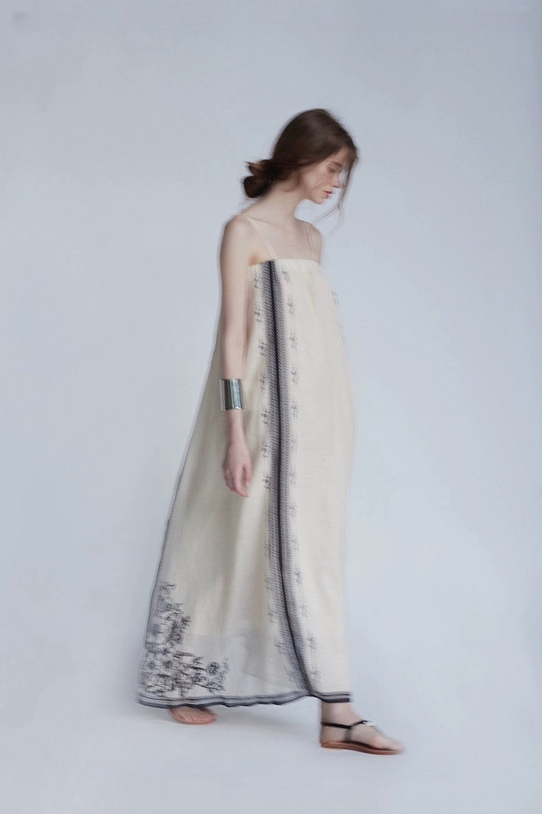 Mughal Empire Series 100-Count Pure Ramie Positioned Print 3-Way Wear Camisole Dress