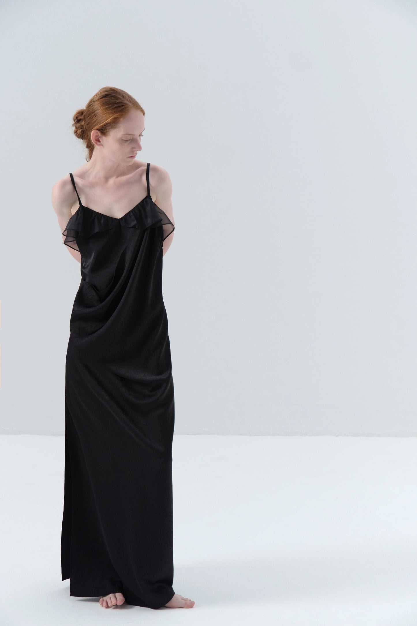 Asymmetric Draped Black Camisole Dress