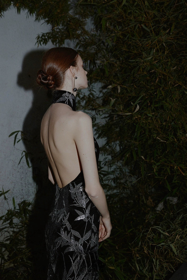 New Chinese Style Backless Qipao Gown with Positioned Bamboo Leaf Beading and Embroidery