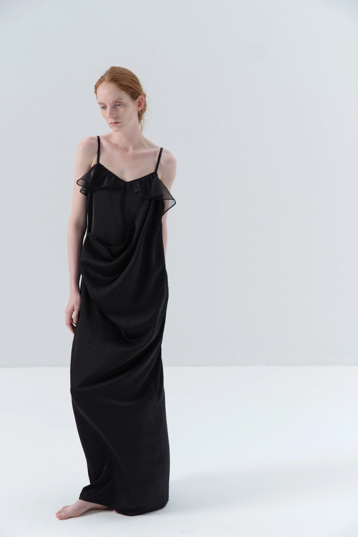Asymmetric Draped Black Camisole Dress