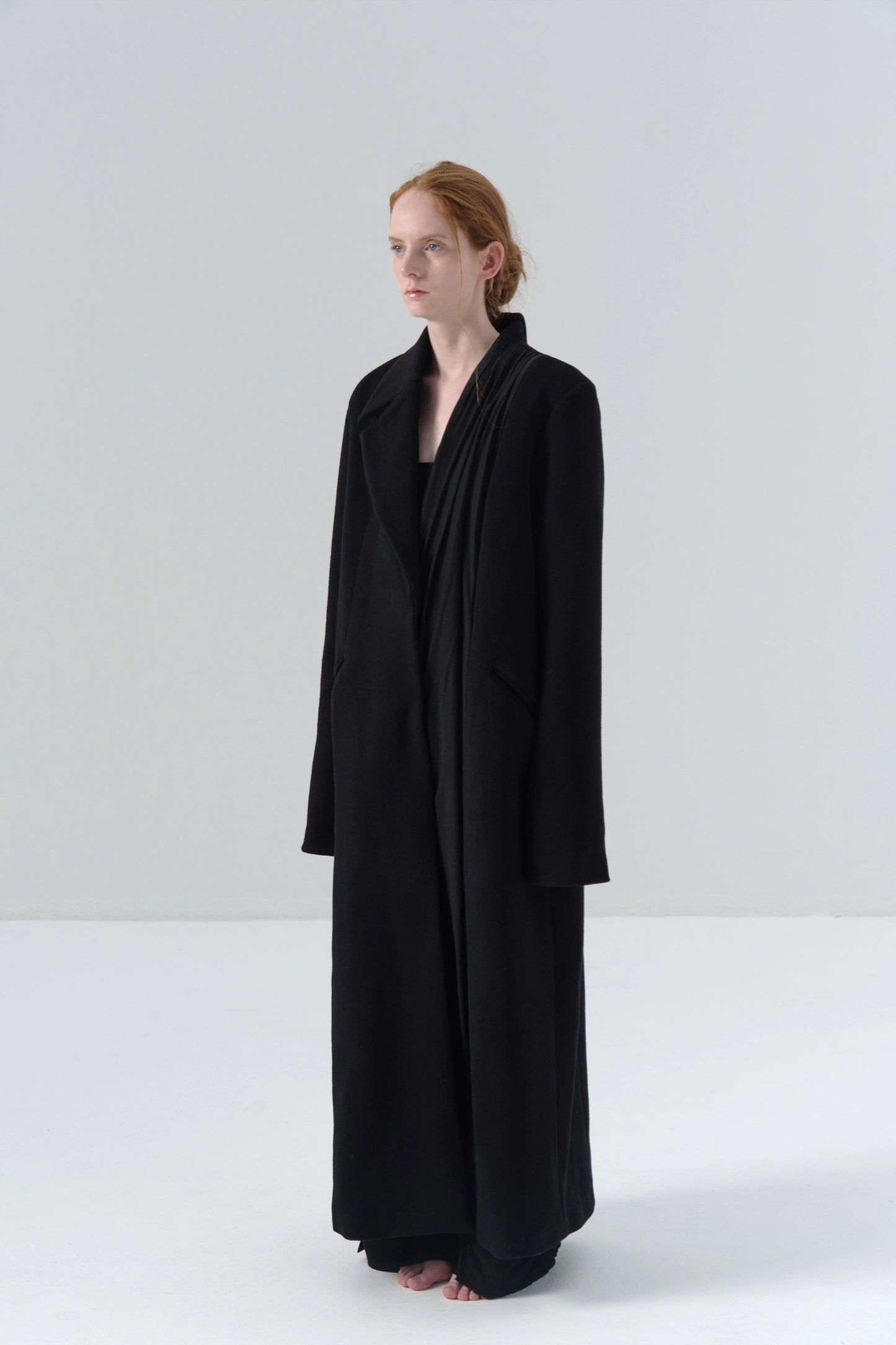 Black Wool Coat with Asymmetric Wide Lapel