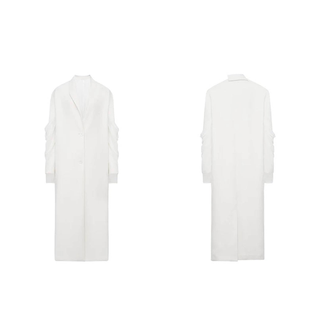 White Long Coat with Spliced Sleeves and Asymmetric Design