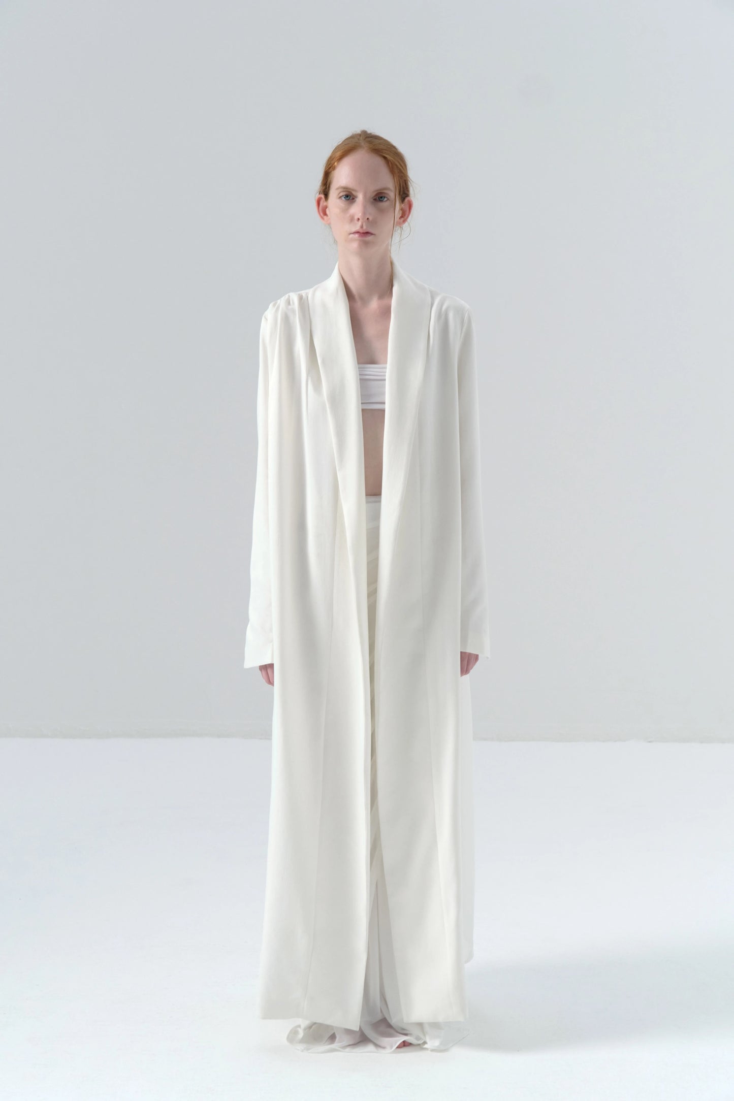 White Long Coat with Exposed Stitches in Cupro