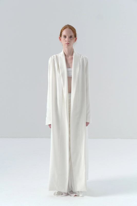 White Long Coat with Exposed Stitches in Cupro