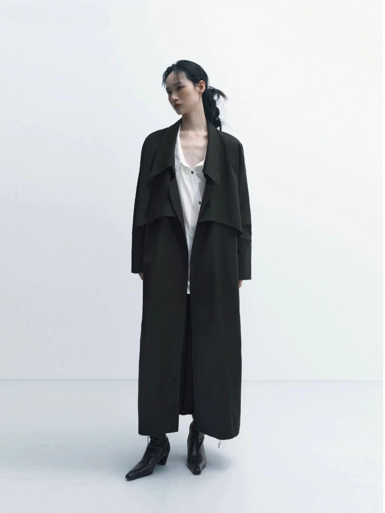 Cape-Style Lapel Drop-Shoulder Trench Coat