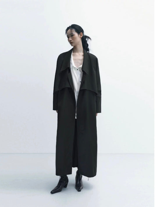 Cape-Style Lapel Drop-Shoulder Trench Coat