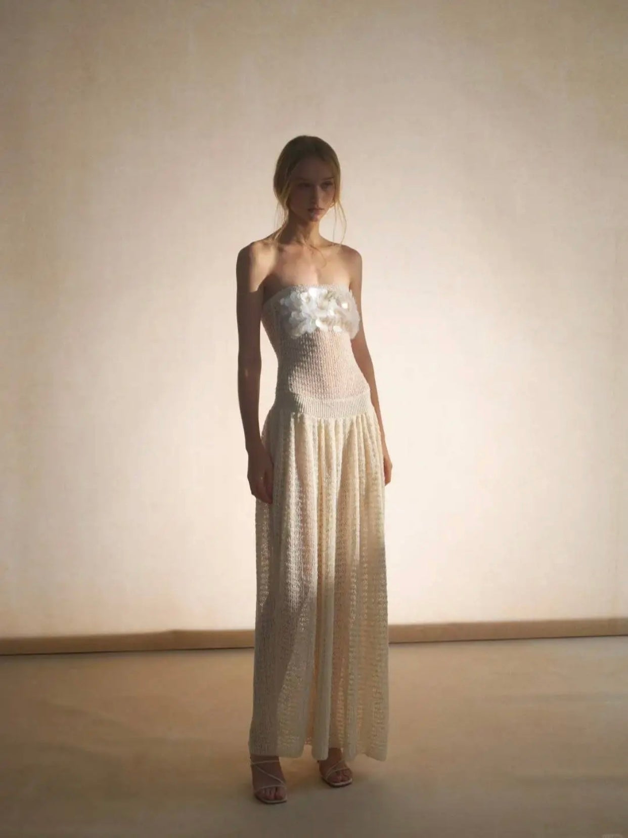 Indian Handmade High-Customization Sheer Sequin Pearl Hollow-Out Ruched Knitted Crop Top Dress